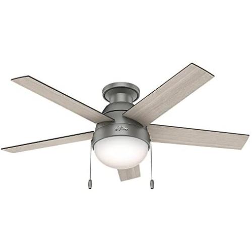 HUNTER 59270 Anslee Indoor Low Profile Ceiling Fan with LED Light and Pull Chain Control, 46'', Matte Silver