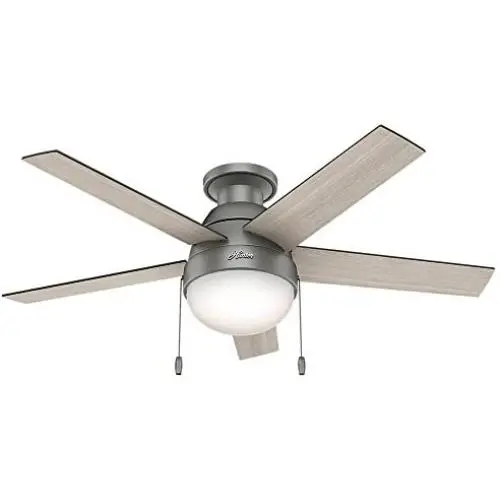 HUNTER 59270 Anslee Indoor Low Profile Ceiling Fan with LED Light and Pull Chain Control, 46'', Matte Silver