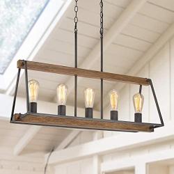 LOG BARN Kitchen Light Fixtures Ceiling, 5-Light Rustic Chandelier, Farmhouse Chandelier, 30.5'' Large Pendant Lighting for Kitchen Island in Faux Wood and Metal Finish