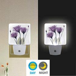 ZOEO Lavender Night Light 2 Pack, Purple Hope Flowers Plug-in LED Night Lamp with Light Sensor Bathroom Toilet Bedroom Kitchen Wall Decorative Daylight White for Kids Childrens