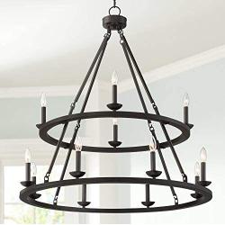 Myland Bronze Wagon Wheel Large Chandelier 36'' Wide Farmhouse 2-Tier 12-Light Fixture for Dining Room House Foyer Kitchen Island Entryway Bedroom Living Room - Franklin Iron Works