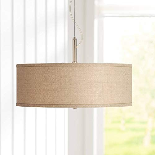 Brushed Nickel Drum Pendant Chandelier 20'' Wide Modern Woven Burlap Shade 3-Light Fixture for Dining Room House Foyer Kitchen Island Entryway Bedroom Living Room - Possini Euro Design