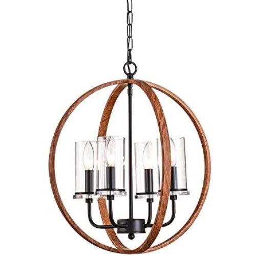 Maxax Indoor Chandelier 4 Lights Wood Pendant Lighting with Clear Glass Shade for Dining Room, Living Room
