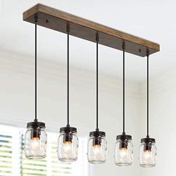Dining Room Lighting Fixtures Hanging, Mason Jar Lights, 5-Light Pendant Lighting for Kitchen Island with Faux Wood Finish, Brown