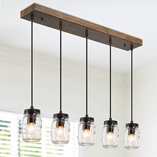 Dining Room Lighting Fixtures Hanging, Mason Jar Lights, 5-Light Pendant Lighting for Kitchen Island with Faux Wood Finish, Brown