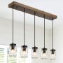 Dining Room Lighting Fixtures Hanging, Mason Jar Lights, 5-Light Pendant Lighting for Kitchen Island with Faux Wood Finish, Brown