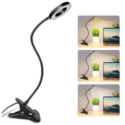 TIMMRAIN Clamp Lamp Reading Light 3 Color Modes 10 Brightness Dimmer Bedside Lamp 10W,360° Flexible Gooseneck Clip on Light for Bed,Eye-Caring Table Lamps,Dimmable Lamp with USB Charging