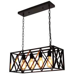 Industrial Island Pendant Lighting,Black Metal Light,Vintage Hanging Rectangular Light Fixture for Farmhouse, Kitchen, Bar,Dinning Room,E26 4 Lights