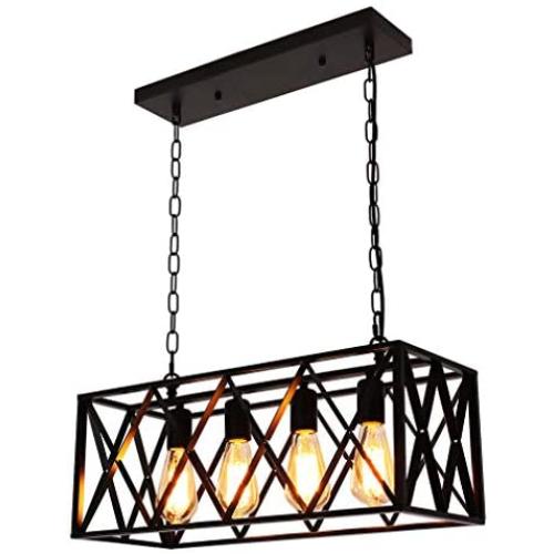 Industrial Island Pendant Lighting,Black Metal Light,Vintage Hanging Rectangular Light Fixture for Farmhouse, Kitchen, Bar,Dinning Room,E26 4 Lights