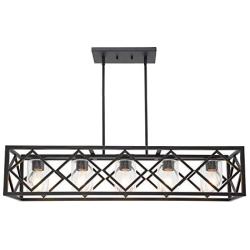 BONLICHT 5 Light Pendant Light for Kitchen Island Matte Black Frame with Seedy Glass Cylinder Shade Dining Room Chandelier Vintage Industrial Lighting Fixture Ceiling Hanging Lamp