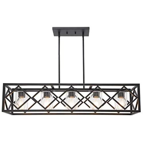 BONLICHT 5 Light Pendant Light for Kitchen Island Matte Black Frame with Seedy Glass Cylinder Shade Dining Room Chandelier Vintage Industrial Lighting Fixture Ceiling Hanging Lamp