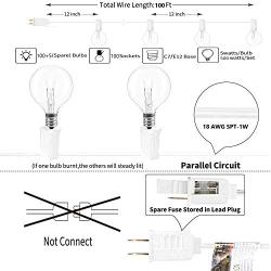 SUNSGNE 100Ft Outdoor Patio String Lights with 100 Clear Globe G40 Bulbs, UL Certified for Indoor/Outdoor Patio Backyard Pool Pergola Market Cafe Porch Garden Marquee Letter Decor, White Wire