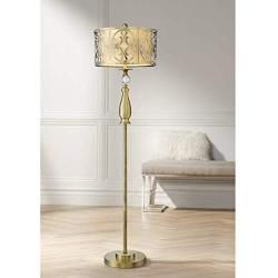 Doris Modern Floor Lamp Antique Brass Outer Cutout Openwork Inner Neutral Fabric Double Drum Shade for Living Room Reading Bedroom Office - Possini Euro Design