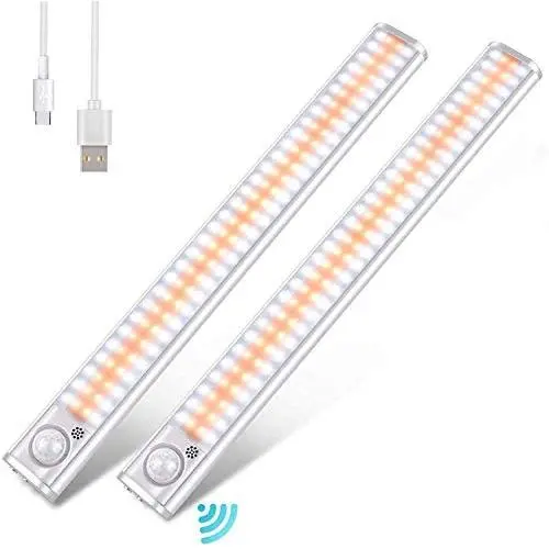 LED Motion Sensor Light, Under Cabinet Lighting Ultra Bright Wireless Kitchen Light 3 Color Stepless Dimmable Night Lighting USB Rechargeable Motion Sensor Closet Light Day (30cm(2pcs))