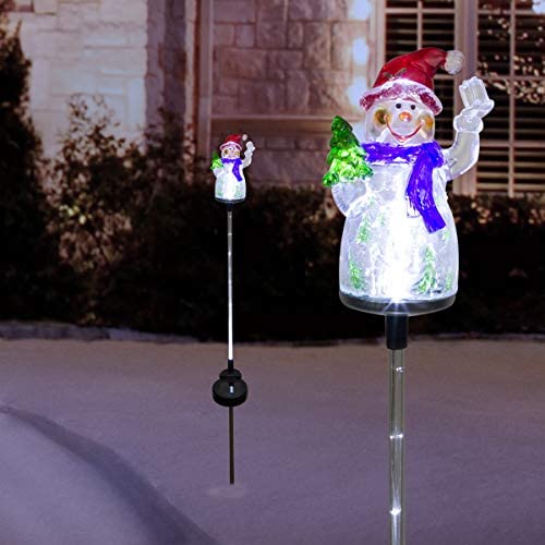 Alpine Corporation QLP1103SLR-2 Alpine 34'' Tall Solar Snowman Fiber Optic LED Lights, Set of 2 Garden Stake, Multicolor