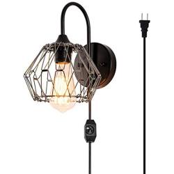 LBTSMUK Plug-in Wall Sconce with Dimmable Switch, Dimmable Black Wire Wall Lamp with 6.5 FT Plug-in Cord and Cage Shade, Industrial Wall Light Fixture for Bedroom, Reading, Headboard