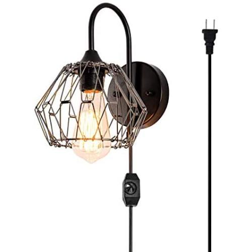 LBTSMUK Plug-in Wall Sconce with Dimmable Switch, Dimmable Black Wire Wall Lamp with 6.5 FT Plug-in Cord and Cage Shade, Industrial Wall Light Fixture for Bedroom, Reading, Headboard