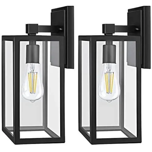 PARTPHONER Outdoor Light Fixtures Wall Mount, Porch Light with 2 LED Bulbs, Exterior Light Fixture Waterproof Anti-Rust Wall Sconce with Clear Glass and Black Aluminum for Garage, Doorway-2 Pack