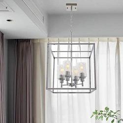 VINLUZ 4 Light Classic Pendant Lighting Chrome with Glass Shade Iron Art Dining Room Chandelier Hanging Fixture for Foyer Kitchen Hallway