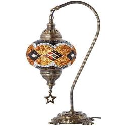 New BOSPHORUS Stunning Handmade Swan Neck Turkish Moroccan Mosaic Glass Table Desk Bedside Lamp Light with Bronze Base (Brown)