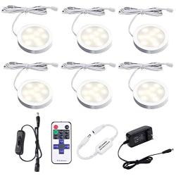 AIBOO Dimmable LED Under Cabinet Lighting, Counter Showcase Kitchen Lighting Fixtures with 12V Plug in adapter and Dimmable Wireless Remote Control, 6 Ultra Slim Puck Lights Kit (Warm White)