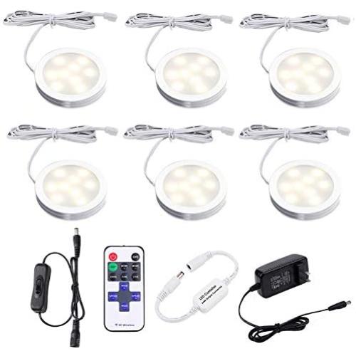 AIBOO Dimmable LED Under Cabinet Lighting, Counter Showcase Kitchen Lighting Fixtures with 12V Plug in adapter and Dimmable Wireless Remote Control, 6 Ultra Slim Puck Lights Kit (Warm White)