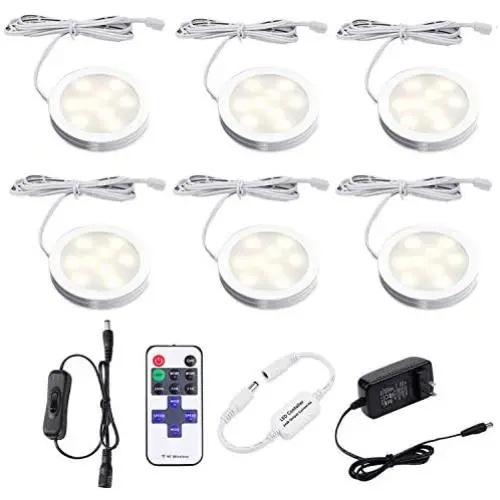AIBOO Dimmable LED Under Cabinet Lighting, Counter Showcase Kitchen Lighting Fixtures with 12V Plug in adapter and Dimmable Wireless Remote Control, 6 Ultra Slim Puck Lights Kit (Warm White)