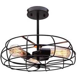 CO-Z 3 Light Industrial Cage Ceiling Light, 15'' Rustic Retro Wired Chandelier for Bedroom, Dining Room, Living Room, Farmhouse Lighting, ORB Finished Metal Fan Shade Pendant Lamp Fixture