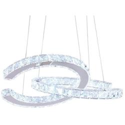 Modern 2 C Rings Crystal Chandelier Lighting LED Pendant Light Fixture Adjustable Stainless Steel Ceiling Hanging Lamp for Dinning Room Living Room Bedroom Kitchen (Cool White)