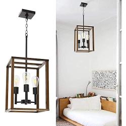 3 Light VINLUZ Wood Metal Chandelier Rustic Industrial Pendant Lighting Dark Walnut with Wood Frame Hanging Light Fixture Adjustable Chain for Kitchen Island Foyer Dining Room