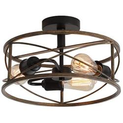 PUSU Ceiling Light 3E26 Light Fixture Diameter 14.2'' with Wooden Cage and Matte Black Base Kitchen Ceiling Light for Kitchen Living Room Dining Room Bedroom Hallway