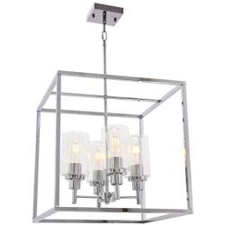 VINLUZ 4 Light Classic Pendant Lighting Chrome with Glass Shade Iron Art Dining Room Chandelier Hanging Fixture for Foyer Kitchen Hallway