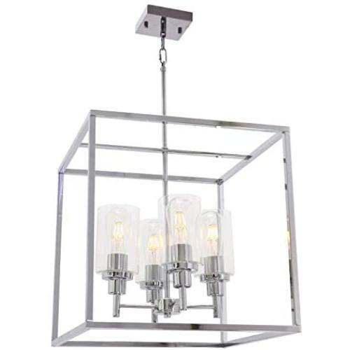 VINLUZ 4 Light Classic Pendant Lighting Chrome with Glass Shade Iron Art Dining Room Chandelier Hanging Fixture for Foyer Kitchen Hallway