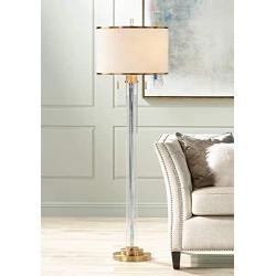 Cadence Modern Floor Lamp Satin Brass Crystal Glass Column Linen Drum Shade for Living Room Reading Bedroom Office - Possini Euro Design