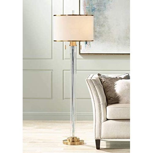 Cadence Modern Floor Lamp Satin Brass Crystal Glass Column Linen Drum Shade for Living Room Reading Bedroom Office - Possini Euro Design