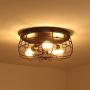 ZZ Joakoah Industrial 3-Light Rustic Semi Flush Mount Ceiling Light, Metal Cage Pendant Lighting Lamp Fixture for Kitchen Living Room Bedroom Hallway Stairway Garage, E26, Black Painting Finish.