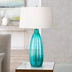 Stella Modern Table Lamp Clear Blue Fluted Glass White Drum Shade for Living Room Family Bedroom Bedside Nightstand - 360 Lighting