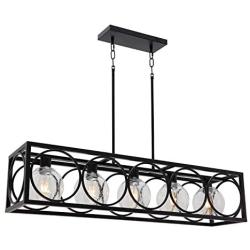 TODOLUZ Black Finish 5-Light Farmhouse Chandelier with Globular Seeded Glass Rectangle Kitchen Island Lighting Fixture for Dining Room Pool Table