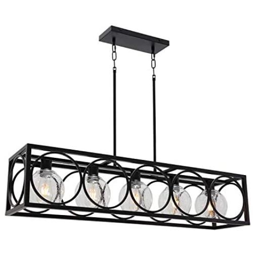 TODOLUZ Black Finish 5-Light Farmhouse Chandelier with Globular Seeded Glass Rectangle Kitchen Island Lighting Fixture for Dining Room Pool Table