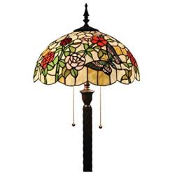 Tiffany Style Standing Floor Lamp, Butterfly Rose Green Leaf Stained Glass Shade Floor Reading Lamp for Bedroom Living Room,63 Inch Tall,Zinc Alloy Base