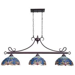 Capulina Tiffany Pool Table Lights 3-Light Stained Glass Chandelier Hanging Light Dragonfly Dining Table Lights Vintage Style Chandelier Dining Room Light