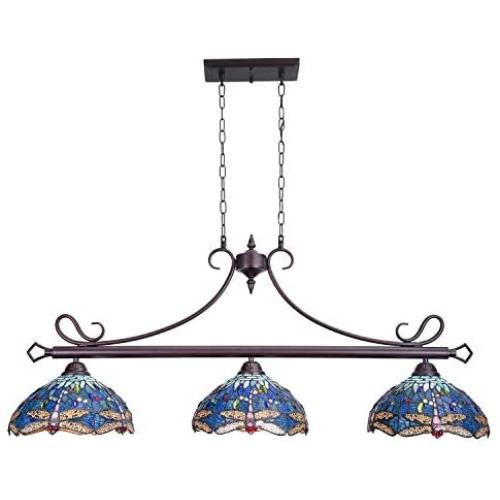 Capulina Tiffany Pool Table Lights 3-Light Stained Glass Chandelier Hanging Light Dragonfly Dining Table Lights Vintage Style Chandelier Dining Room Light