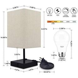 Dimmable 3-Way Touch Control Bedside Lamp,Cotanic Modern Table Lamp with USB Charging Ports,Square Fabric Linen Lampshade,Decorative Nightstand Lamps for Bedroom,E26 LED Bulb Included