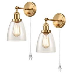 CALXY Industrial Brass Swing Arm Wall Sconces Set of 2 Glass Hardwired or Plug-in Bath Bedroom Wall Lamps