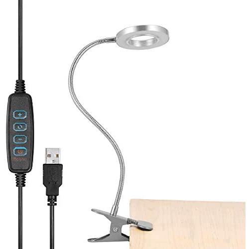 Clip on Reading Light, Othran 5ft 28 LED Eye-Caring Book Light USB Powered, 5W 3 Colors 10 Brightness Levels with Flexible Neck for Bedside Study, Desk Work, Dorm Room, Laptop(Silver)