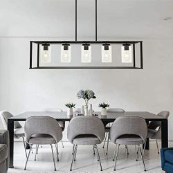 XINCAN 5-Light Farmhouse Chandelier Contemporary Industrial Rectangle Dining Room Lighting Fixture Black Modern Ceiling Lighting Kitchen Island Cage Pendant Lights with Clear Glass Shade