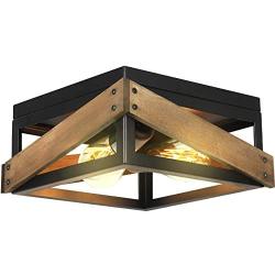 Lampundit 2 Light Rustic Farmhouse Ceiling Light Fixture Flush Mount, Vintage Ceiling Lights, Wood Ceiling Lights for Hallway Entryway Kitchen Dining Room Bedroom, Black & Wood Finish, E26