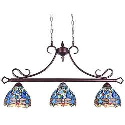 Capulina Tiffany Pool Table Lights 3-Light Dining Room Light Stained Glass Chandelier Hanging Light Dragonfly Dining Table Lights Vintage Style Chandelier