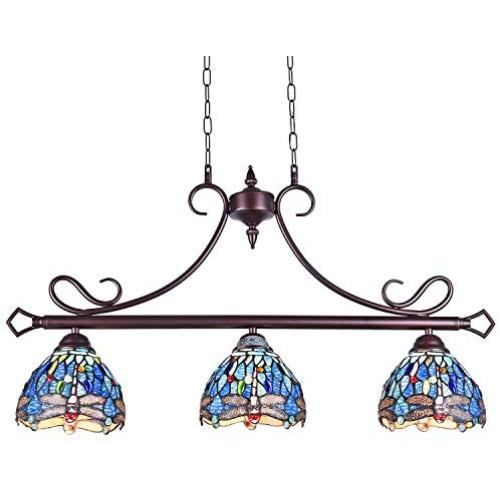 Capulina Tiffany Pool Table Lights 3-Light Dining Room Light Stained Glass Chandelier Hanging Light Dragonfly Dining Table Lights Vintage Style Chandelier