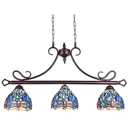 Capulina Tiffany Pool Table Lights 3-Light Dining Room Light Stained Glass Chandelier Hanging Light Dragonfly Dining Table Lights Vintage Style Chandelier